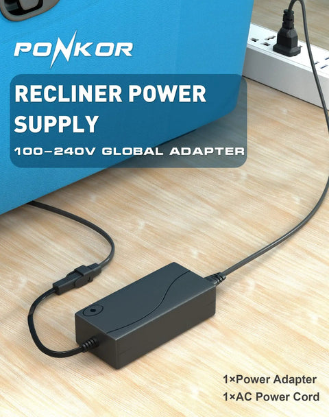 Power Recliner Adapter For Lift Chairs 29V 24V 2A AC DC Switching Power Supply Transformer With 2 Pin Connector And Included AC Power Cord Compatible With OKIN Limoss Pride Golden Lazboy Berkline Med Lift Tranquil Ease Motors, black adapter on desk
