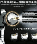 Heavy Duty HVLP Spray Gun Kit With Dual Cups And Precision Brass Nozzles Designed For Car Painting and Wood Finishing, showing brass nozzles.