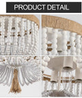 Detail shots of the Beaded Flush Mount Ceiling Light With White Wood Beads, Boho Bohemian Farmhouse Style 4 Light Fixture showcasing beads and bulbs.