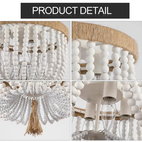Detail shots of the Beaded Flush Mount Ceiling Light With White Wood Beads, Boho Bohemian Farmhouse Style 4 Light Fixture showcasing beads and bulbs.