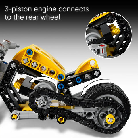 Technic Yellow Motorcycle Building Kit For Kids 7 And Up With Realistic 3 Piston Engine And A Working Rear Wheel close-up