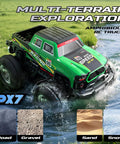 Amphibious RC Monster Truck Boat With IPX7 Waterproof driving through water showcasing multi-terrain capabilities and green design.