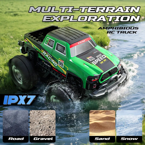 Amphibious RC Monster Truck Boat With IPX7 Waterproof driving through water showcasing multi-terrain capabilities and green design.