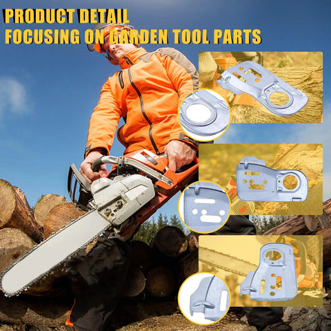 Chain Guide Bar Plate For 445 445E 450 450E Chainsaws, Craftsman 358382000 Compatible Replacement displayed with chainsaw