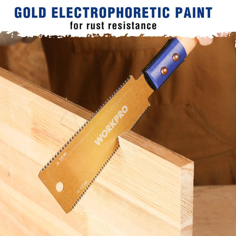 Kickass Six Inch Japanese Pull Saw Featuring Double Edged Design With Fourteen Teeth Rip Side And Seventeen Teeth Cross Cut Blades For Slick Precision Woodworking and Pro Grade Carpentry Projects cutting through wood.