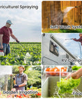 Collage showing 12V Diaphragm Sprayer Pump for agricultural spraying, soft wash, RV camping, garden, and kitchen faucet use.