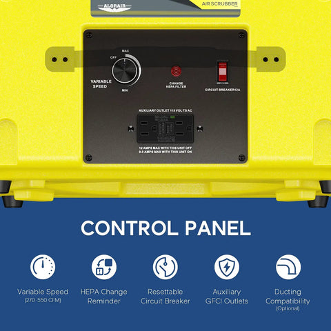 Control panel of Powerful Beefed Up Three Stage Air Scrubber with variable speed and circuit breaker.