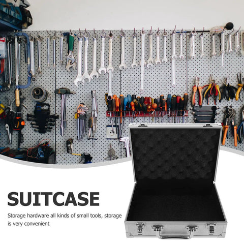 Slick Aluminum Alloy Toolcase Featuring Custom Foam Padding, Sweet Ride Hardshell Carry Box For Power Tools And Electronics Gear, Compact Travel Rig With Secure Latch on workbench with tools.