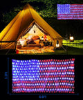 Outdoor scene with Patriotic Flag String Lights With Solar Or USB Power, 420 LED net light, waterproof American flag decor, and tent.