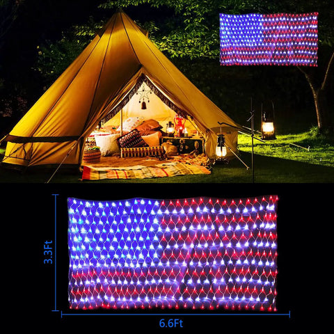 Outdoor scene with Patriotic Flag String Lights With Solar Or USB Power, 420 LED net light, waterproof American flag decor, and tent.