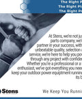 Automotive parts promo banner showing a mechanic's gloved hand gripping a wrench; Stens logo and We Keep You Running slogan