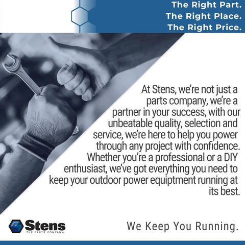 Two hands holding a wrench and giving a thumbs up with text about Stens parts and support for outdoor power equipment projects.