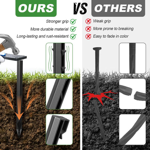 Comparison of Built To Last Heavy Duty Plastic Landscape Edging Anchoring Stakes Set With 9.8 Inch Spikes and competitor