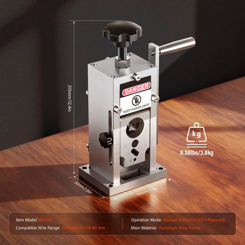 Manual Wire Stripping Machine 0.06 To 1 Inch Drill Powered Or Hand Crank Copper Wire Stripper With Adjustable Blade Cable Stripping Tool visible on wooden surface
