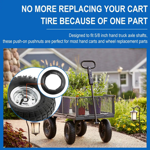 Heavy Duty Push Nuts For Dolly Wheel Lock Washers Fits Five Eighths Inch Dolly Axle Rods Spring Steel Push On Nuts With Oiled Phosphate Finish 10 Pack installed on hand cart wheels