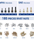 Rivet Nut Tool Kit With Carrying Case, 16 Inch Quick Change Mandrel Rivet Nut Setter showing 11 metric and SAE mandrels, 185 rivnuts