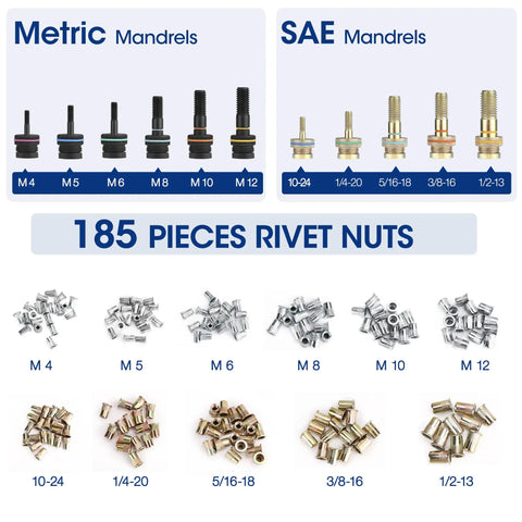 Rivet Nut Tool Kit With Carrying Case, 16 Inch Quick Change Mandrel Rivet Nut Setter showing 11 metric and SAE mandrels, 185 rivnuts