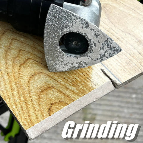 Six Piece Diamond Oscillating Saw Blade Set For Grout Removal And Tile Repair, triangle rasp blade on wood surface