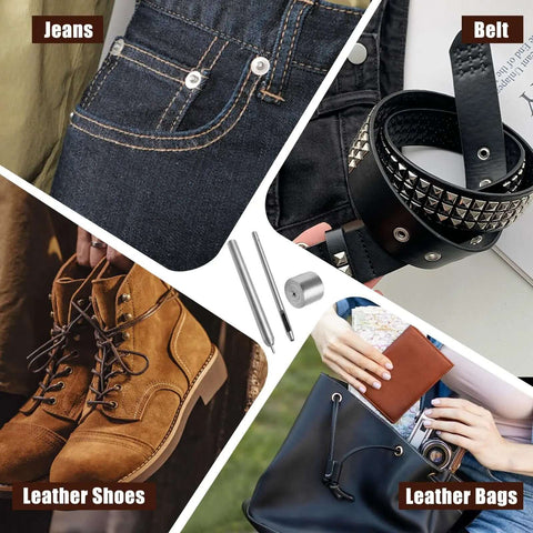 Eyelet Hole Punch Die Tool For Leather Craft And DIY Projects 3mm Grommet Setter With Base and Ram shown with jeans, belt, leather shoes, and bag.