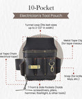 10 Pocket Electrician's Tool Pouch Built From Full Grain Oiled Leather, Heavy Duty Construction with labeled features