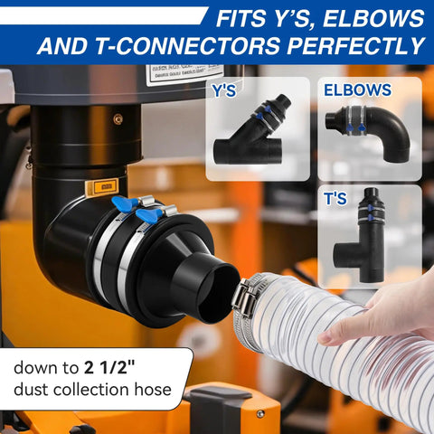 All In One 10 Ft PVC Dust Collection Hose Kit With 4 In To 2 And 1 Half In Cone Reducer shown fitting Y, elbow, and T connectors.