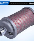 Industrial Exhaust Silencer For 3/4 NPT Male Interface Fits Air Compressors Dryers Vacuum Pumps And Pneumatic Equipment Lowers Noise With Pro Grade Performance And Easy Installation, shown with metal mesh casing, side view