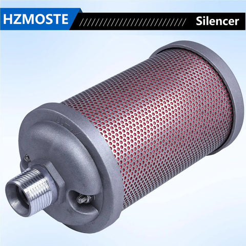 Industrial Exhaust Silencer For 3/4 NPT Male Interface Fits Air Compressors Dryers Vacuum Pumps And Pneumatic Equipment Lowers Noise With Pro Grade Performance And Easy Installation, shown with metal mesh casing, side view