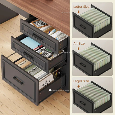 Drawer storage options in Farmhouse L Shaped Electric Standing Desk Boss Level Height Adjustable Sit To Stand Setup With 63 By 67 Inch Workspace Drawers And Shelves Built In Power Outlet Black