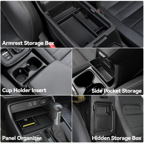 Center Console Organizer 5 Piece Set For Honda CRV 2023 2024 2025 2026 LX EX EX L Sport Hybrid Armrest Drawer Hidden Storage Box Dashboard Tray And Cup Holder Easy Install Keeps Your Ride Clutter Free showing armrest, cup holder, side pocket, panel organizer, hidden storage compartments in car interior.