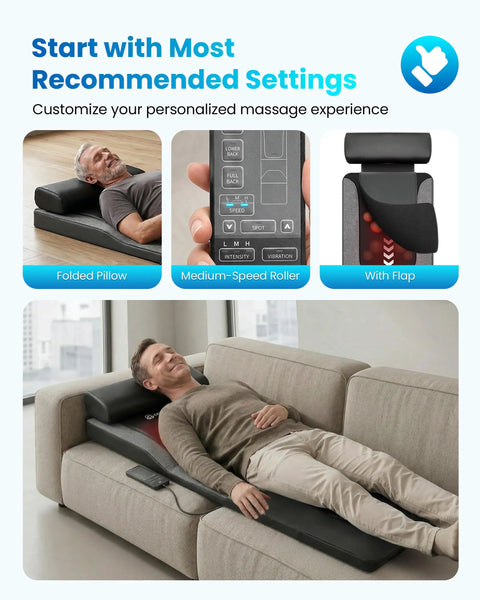 Man relaxing on sofa with Full Body Massage Mat With Heat And Shiatsu Kneading For Deep Tissue Back Pain Relief