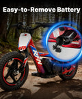 Kids Electric Bike For Ages Four To Eight With 12 Inch Lightweight Frame Dual Speed Up To 10 MPH And 10 Mile Range Powered By A 24V 170W Motor With 12x2.4 Inch Tires A Perfect Birthday Gift For Little Riders, red bike with easy-to-remove battery