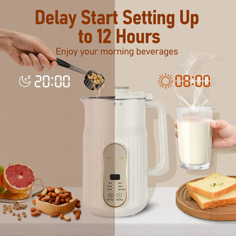 Automatic Nut Milk Maker For Homemade Almond Milk And Plant Based Milks Like Oat And Soy Yogurt With 5 Modes No Fuss 35 Oz Large Capacity Delayed Start Self Cleaning System, cream, on kitchen counter with glass of milk and nuts