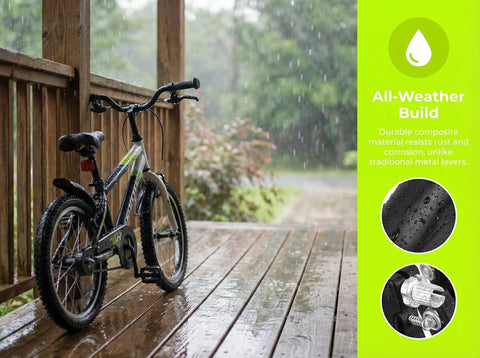 Mountain bike on wooden deck with rain, showcasing Kid Friendly Bike Brake Levers Universal 22mm Fit Short Reach Ergonomic Grips.