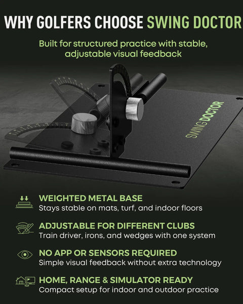 Golf Swing Plane Trainer With Adjustable Alignment Stick Holder and pro grade weighted metal build on mat surface