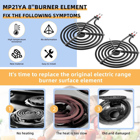 2 Pack MP21YA 8 Inch Electric Range Burner Elements Replacement For Whirlpool GE Kenmore Maytag Norge Fits MP22YA
