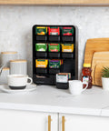 Tea Bag Organizer Station For Countertop And Kitchen Storage, Black Plastic, 10.25L X 3.25W X 13.75H Inches with removable drawers