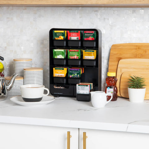 Tea Bag Organizer Station For Countertop And Kitchen Storage, Black Plastic, 10.25L X 3.25W X 13.75H Inches with removable drawers
