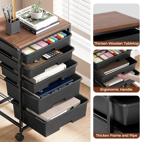 Five Tier Rolling Storage Cart With Wood Top On Wheels For Home Office Classroom Craft Room And Kid Room Mobile Drawer Trolley With Two Big Drawers And Three Small Drawers Black, shown stocked with supplies
