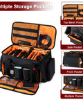 Pro DJ Gear Bag With 8 Detachable Dividers And 15.6 Inch Laptop Sleeve Large Capacity Travel Gig Bag For Cables Controllers Mixer And Accessories On The Go Easy Access Compartments Black with visible multiple storage pockets, dividers, and bright lining.