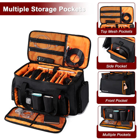 Pro DJ Gear Bag With 8 Detachable Dividers And 15.6 Inch Laptop Sleeve Large Capacity Travel Gig Bag For Cables Controllers Mixer And Accessories On The Go Easy Access Compartments Black with visible multiple storage pockets, dividers, and bright lining.
