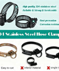 304 stainless steel hose clamps assortment, 1/4–2 in (6–51 mm) range, black and rust finishes, for automotive and marine plumbing