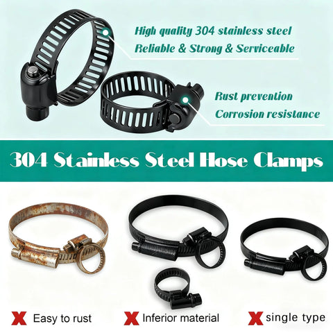 304 stainless steel hose clamps assortment, 1/4–2 in (6–51 mm) range, black and rust finishes, for automotive and marine plumbing