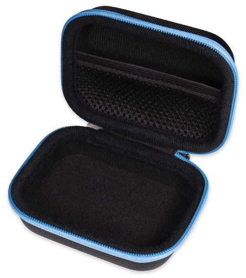 Travel Ready Protective Case For MiLESEEY DT20 Laser Tape Measure 3-In-1 130FT Distance Meter, Compact Lightweight Organizer Keeps Meter And Small Accessories Safe, Easy Grab And Go Storage For Home, Travel, And Field Use. Open black PEVA protective case with blue zipper trim