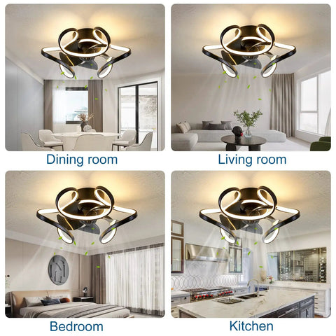 2 In 1 Bladeless Ceiling Fan With Lights Remote Control For Living Room And Kitchen displayed in dining, living, bedroom, kitchen