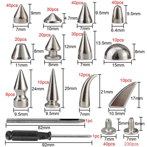 Level Up Your Leather Game With Hella Durable 270 Sets Screwback Spikes And Studs Kit assorted silver cone spikes and tools