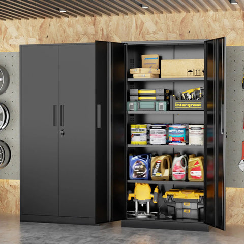 Black 72 Inch Tall Locking Steel Cabinet With Two Doors And Four Adjustable Shelves open in garage, items stored inside