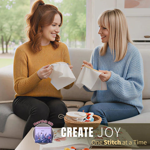 Two women using Three Piece Beginner Embroidery Kit For Adults With Floral Designs Including Embroidery Hoop and Threads.