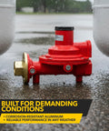 Fairview GR-918C compact propane regulator, red with brass inlet, between two white LPG tanks on wet pavement