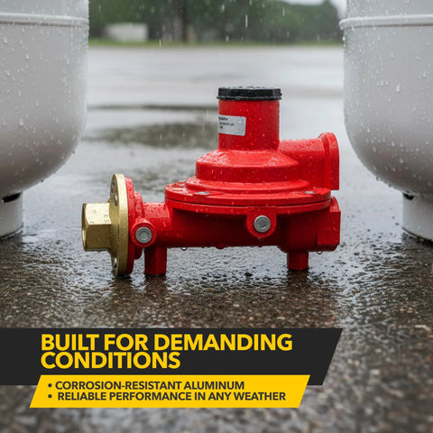 Fairview GR-918C compact propane regulator, red with brass inlet, between two white LPG tanks on wet pavement