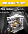 NMRV040 Worm Gear Reducer 50 To 1 Aluminum Alloy Gearbox features illustration highlighting heat dissipation and low noise in CNC use.
